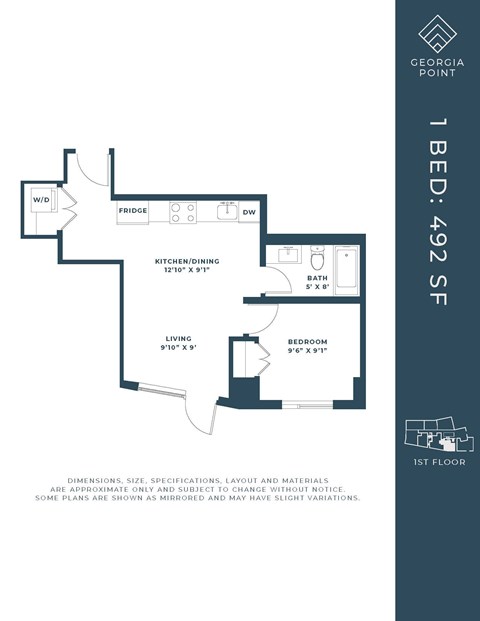 Floor plan for 1 bed, 1 bath, 558 sqft